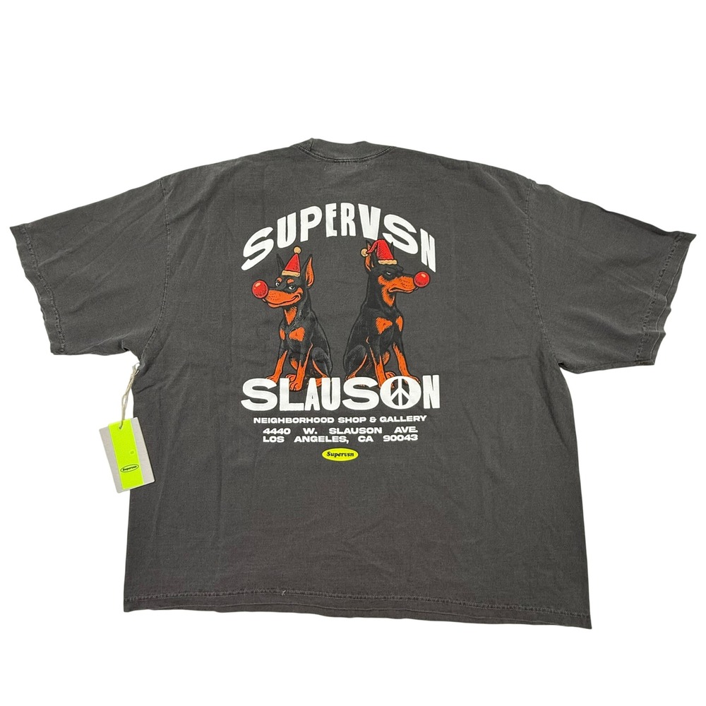 Supervsn Studios Slauson Doberman Christmas Tee XXL Washed Black Boxy Streetwear
